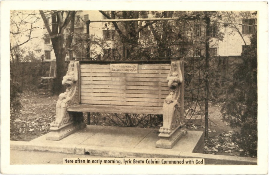 old postcard of a bench